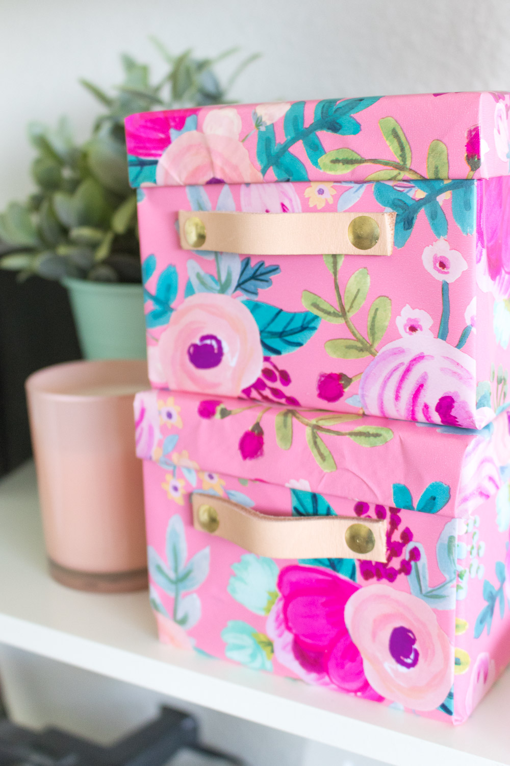DIY Wrapping Paper Covered Boxes with Leather Handles | Club Crafted