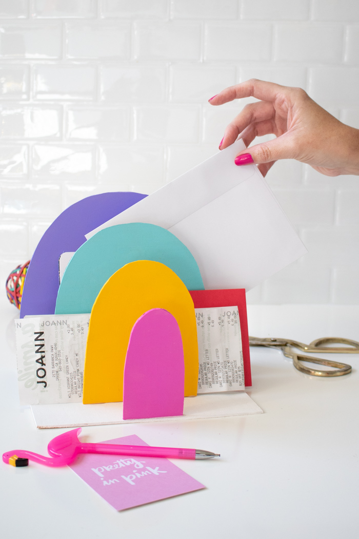 DIY Balsa Wood Rainbow Paper Organizer for your Desk | Club Crafted