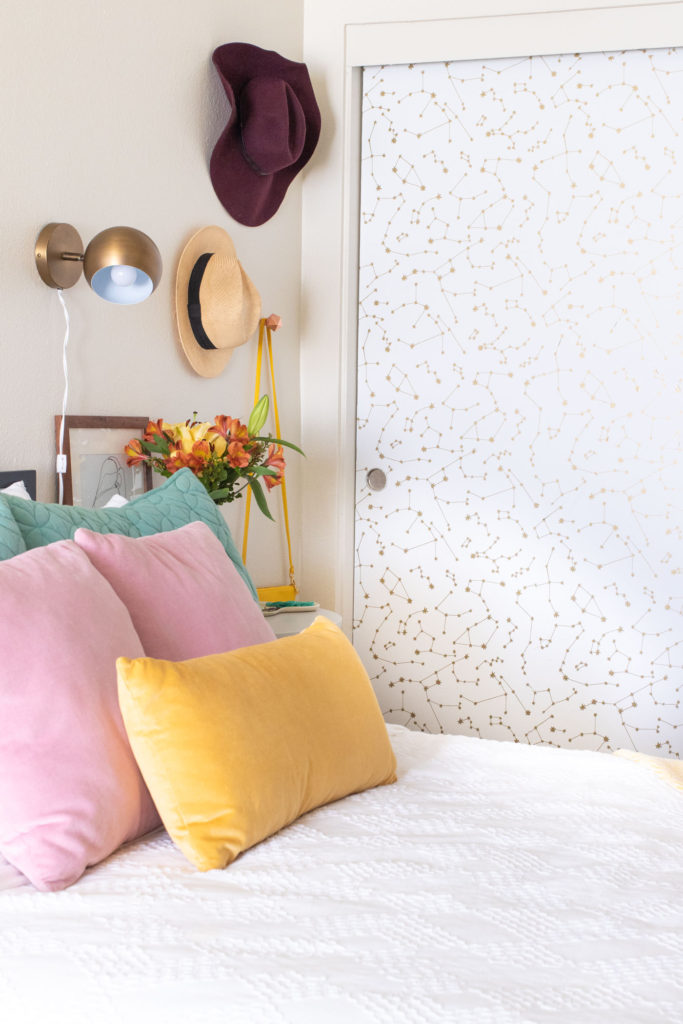 DIY Closet Door Makeover with Wallpaper + My Bedroom Refresh for Fall with Wayfair // How to use removable wallpaper for a rental-friendly closet door makeover that makes a statement! Plus, see how to update your bedroom for fall with small accents that make a big difference! #ad #homedecor #closetdoors #wallpaper #bedroom #falldecor #rentalfriendly #diydecor #roommakeover