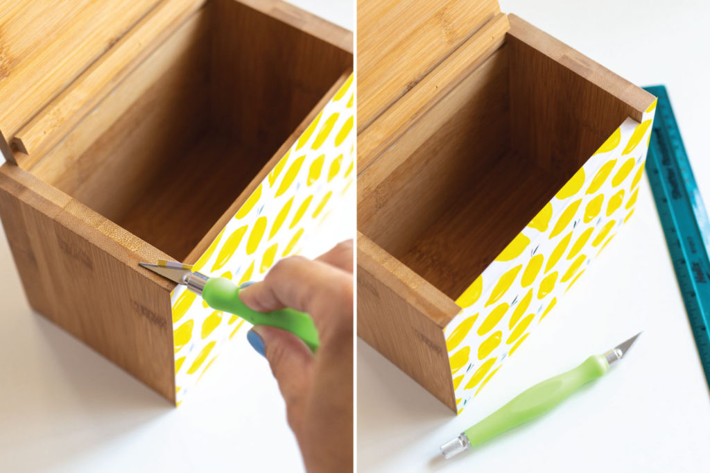 DIY Recipe Box Makeover with Wallpaper // Use removable wallpaper to makeover a simple wood recipe box! Add printable recipe cards and cute dividers to organize recipes in style! #diyideas #homedecor #recipecards #papercrafts #wallpaper #easydiy #giftideas #diygifts #diystorage #storageideas
