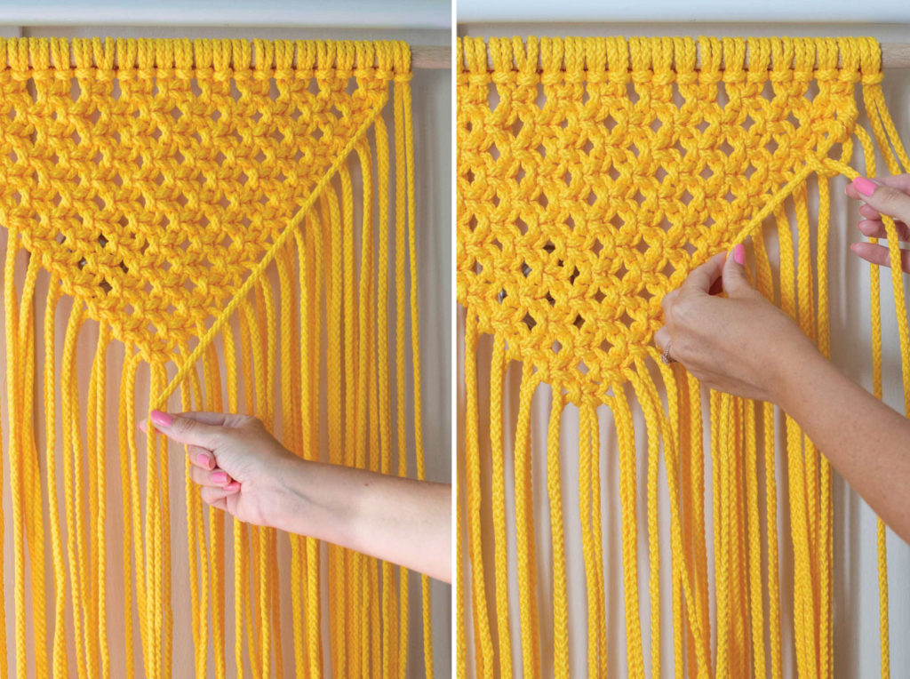 Colorful Macrame Wall Hanging for Beginners // Use simple macrame knots to make a colorful wall hanging with two-tone fringe that's perfect for customizing! #macrame #homedecor #diydecor #wallart #wallhanging #fringe