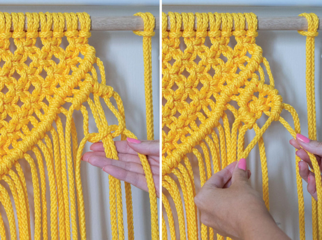 Colorful Macrame Wall Hanging for Beginners // Use simple macrame knots to make a colorful wall hanging with two-tone fringe that's perfect for customizing! #macrame #homedecor #diydecor #wallart #wallhanging #fringe