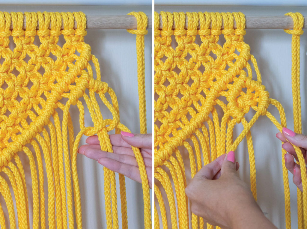 Colorful Macrame Wall Hanging for Beginners // Use simple macrame knots to make a colorful wall hanging with two-tone fringe that's perfect for customizing! #macrame #homedecor #diydecor #wallart #wallhanging #fringe