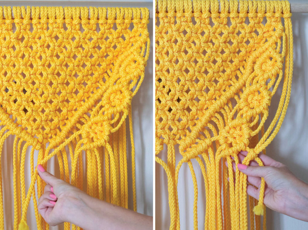 Colorful Macrame Wall Hanging for Beginners // Use simple macrame knots to make a colorful wall hanging with two-tone fringe that's perfect for customizing! #macrame #homedecor #diydecor #wallart #wallhanging #fringe