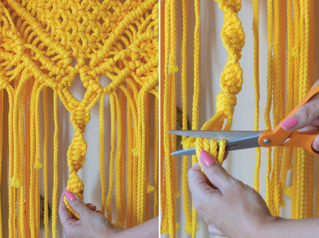 Colorful Macrame Wall Hanging for Beginners // Use simple macrame knots to make a colorful wall hanging with two-tone fringe that's perfect for customizing! #macrame #homedecor #diydecor #wallart #wallhanging #fringe