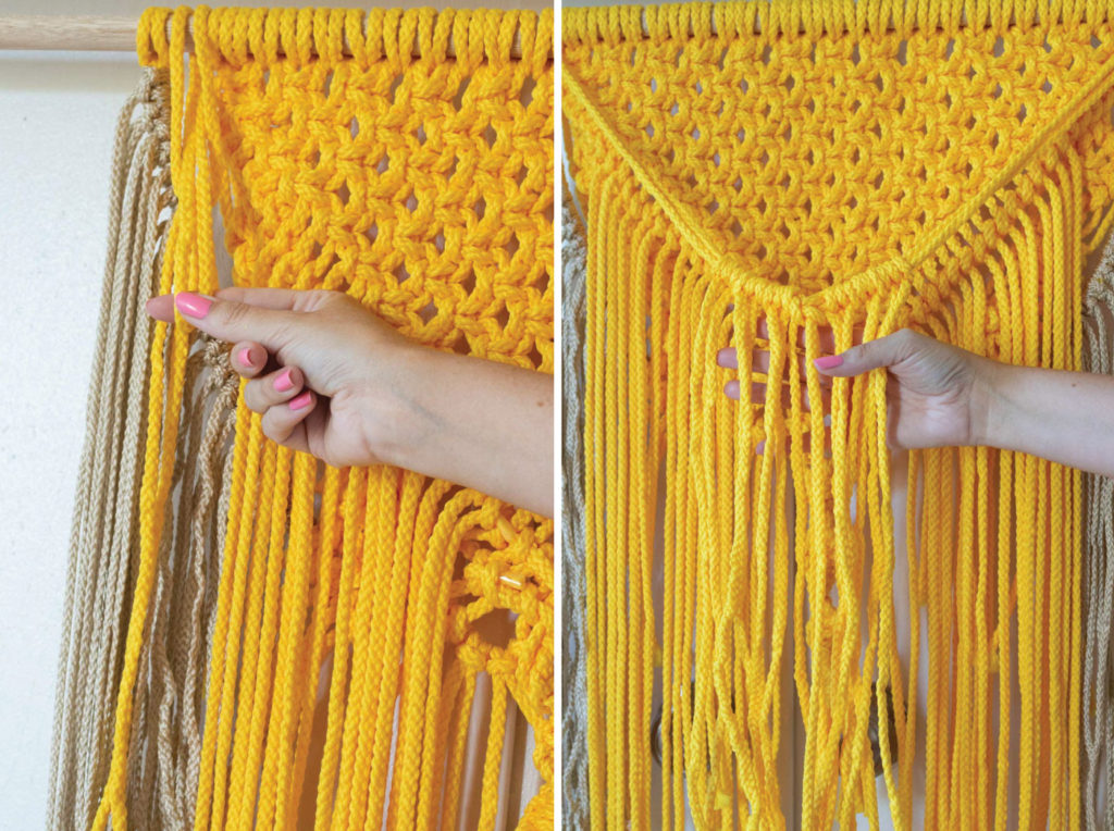 Colorful Macrame Wall Hanging for Beginners // Use simple macrame knots to make a colorful wall hanging with two-tone fringe that's perfect for customizing! #macrame #homedecor #diydecor #wallart #wallhanging #fringe