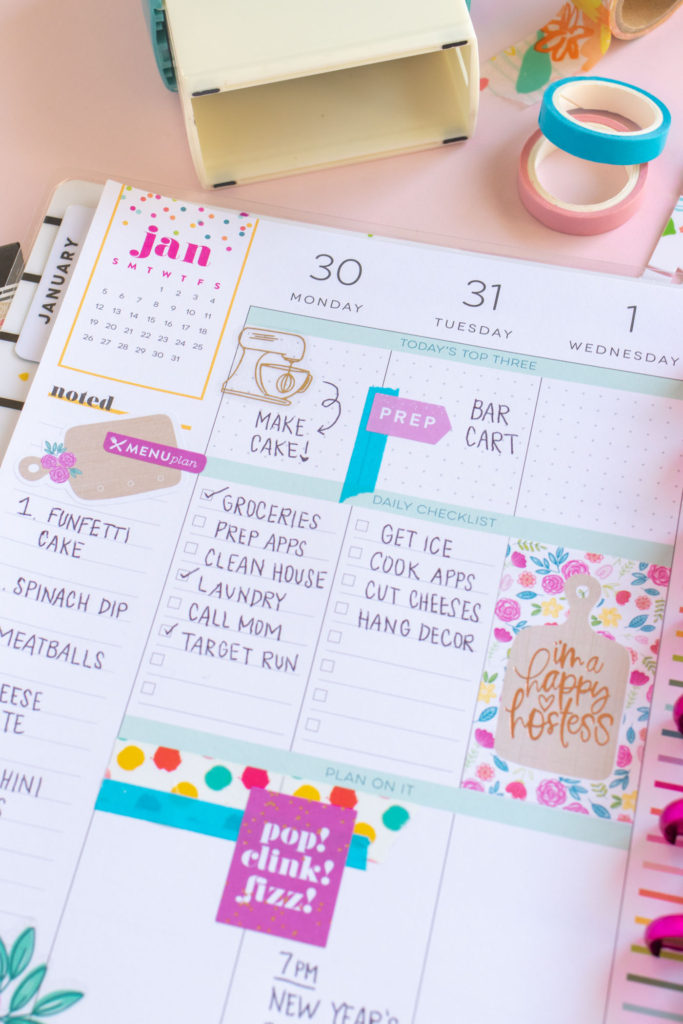 Planning with the New Miss Hostess Happy Planner // #ad See how to start planning for 2020 in the new Miss Hostess Happy Planner at @joann! Use stickers, folders, dry erase pages and recipe cards for event planning and entertaining prep in your planner! #handmadewithjoann #happyplanner #plannerinspiration #plannerideas #planning #entertaining #papercrafts