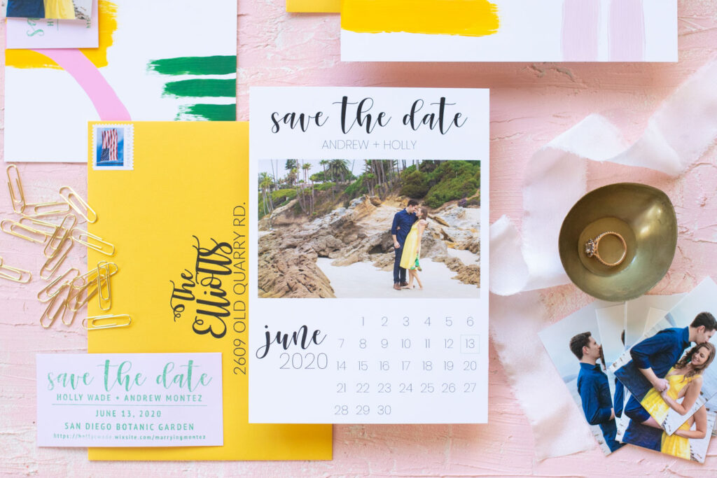 Our DIY Hand-Painted Save the Dates // See how I designed my own wedding save the dates with a hand-painted designs on the backs! Combined with custom stamps, simple magnets and printed envelopes, every element of these save the date invitations feels homemade and personal #weddingdiy #diywedding #weddinginvites #savethedates #papercrafts #handpainted #invitations