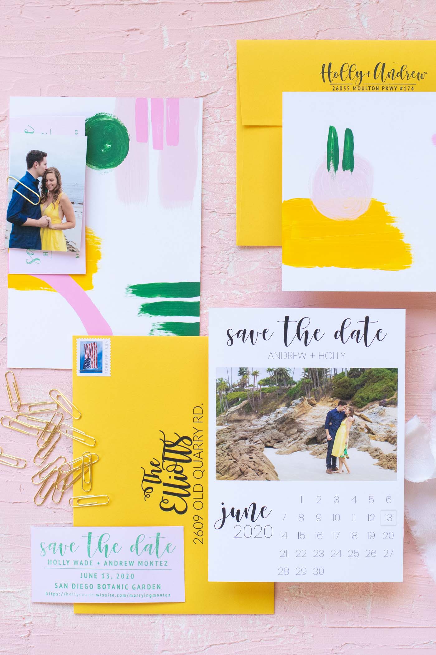 Our DIY Hand-Painted Save the Dates // See how I designed my own wedding save the dates with a hand-painted designs on the backs! Combined with custom stamps, simple magnets and printed envelopes, every element of these save the date invitations feels homemade and personal #weddingdiy #diywedding #weddinginvites #savethedates #papercrafts #handpainted #invitations