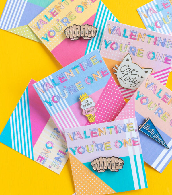 Printable Pin Cards for Galentine's Day // Use this cute 80s-inspired printable valentine to add an enamel pin for a sweet Valentine's Day gift! These colorful pin cards also make excellent Galentine's Day gifts #valentinesday #printable #galentinesday #vdaydiy #valentinesdaycrafts #diyvalentine #giftideas #giftsforwomen