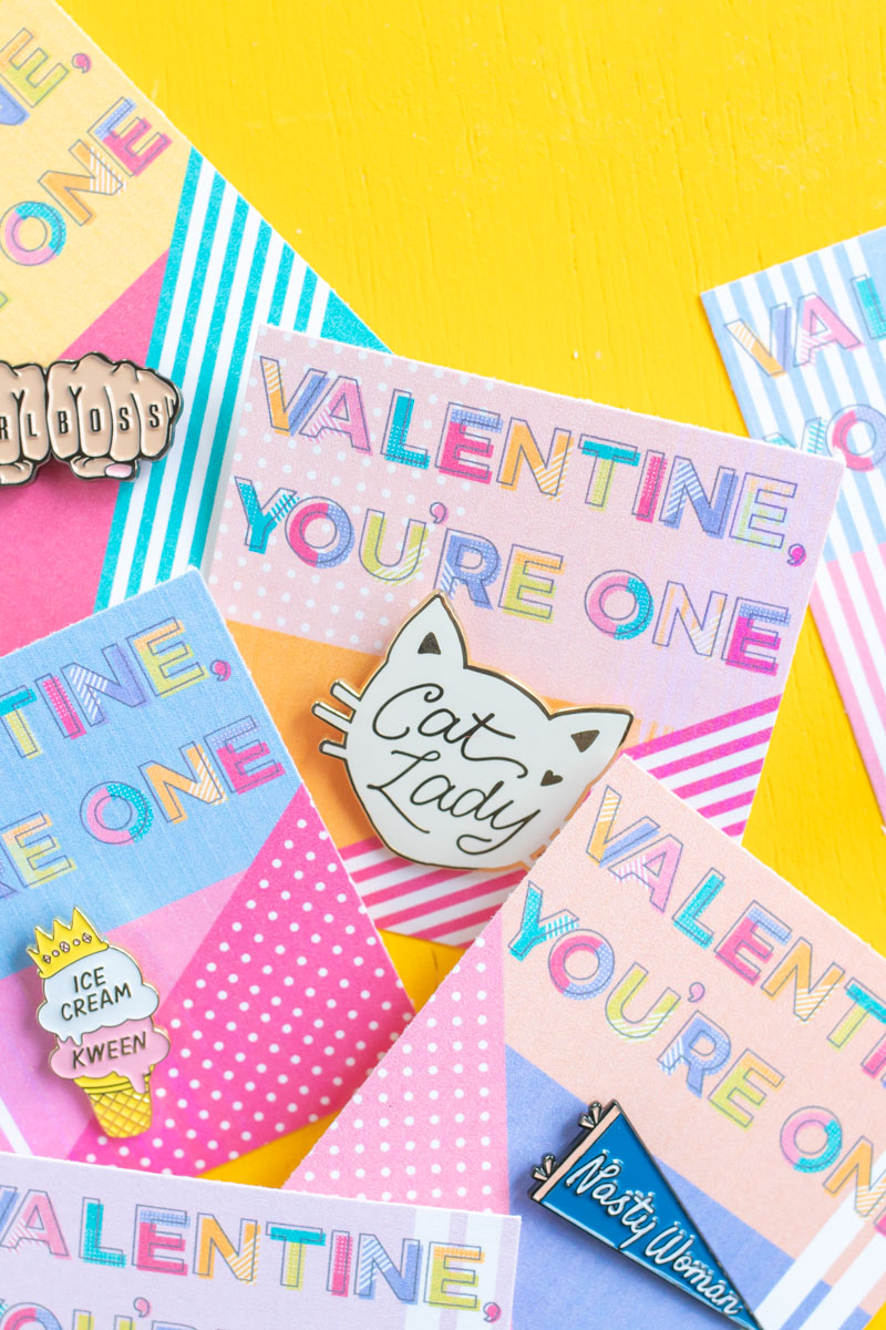 Printable Pin Cards for Galentine's Day // Use this cute 80s-inspired printable valentine to add an enamel pin for a sweet Valentine's Day gift! These colorful pin cards also make excellent Galentine's Day gifts #valentinesday #printable #galentinesday #vdaydiy #valentinesdaycrafts #diyvalentine #giftideas #giftsforwomen