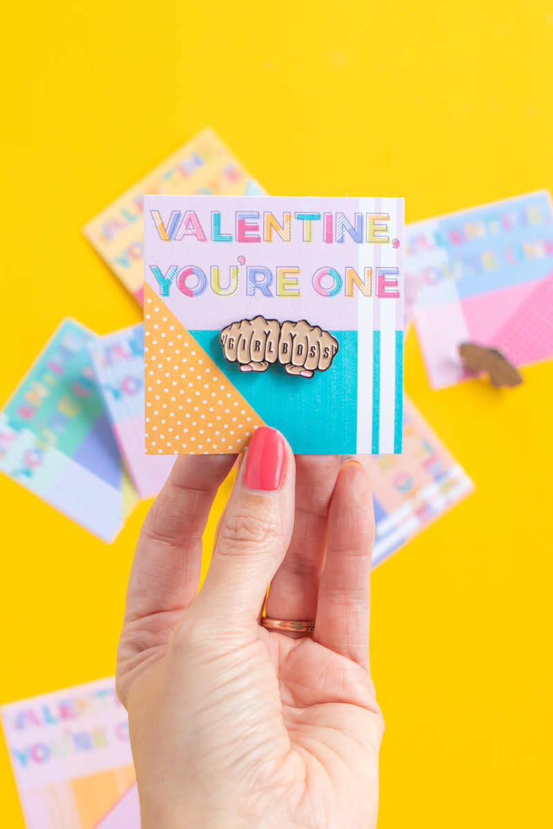 Printable Pin Cards for Galentine's Day // Use this cute 80s-inspired printable valentine to add an enamel pin for a sweet Valentine's Day gift! These colorful pin cards also make excellent Galentine's Day gifts #valentinesday #printable #galentinesday #vdaydiy #valentinesdaycrafts #diyvalentine #giftideas #giftsforwomen