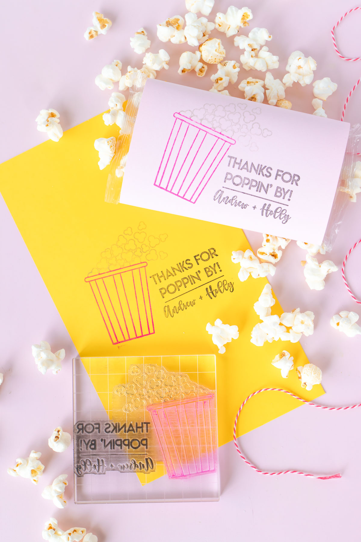 DIY Stamped Popcorn Favors for Weddings | Make your own DIY wedding favors with microwave popcorn! These cute "thanks for POPPING by" popcorn wedding favors use a custom stamp from RubberStamps.com to make a favor guests can easily enjoy at home! #ad #weddingdiy #weddingfavor #partyfavor #stamping #popcorn #papercrafts #diyparty #handmadewedding #colorfulwedding