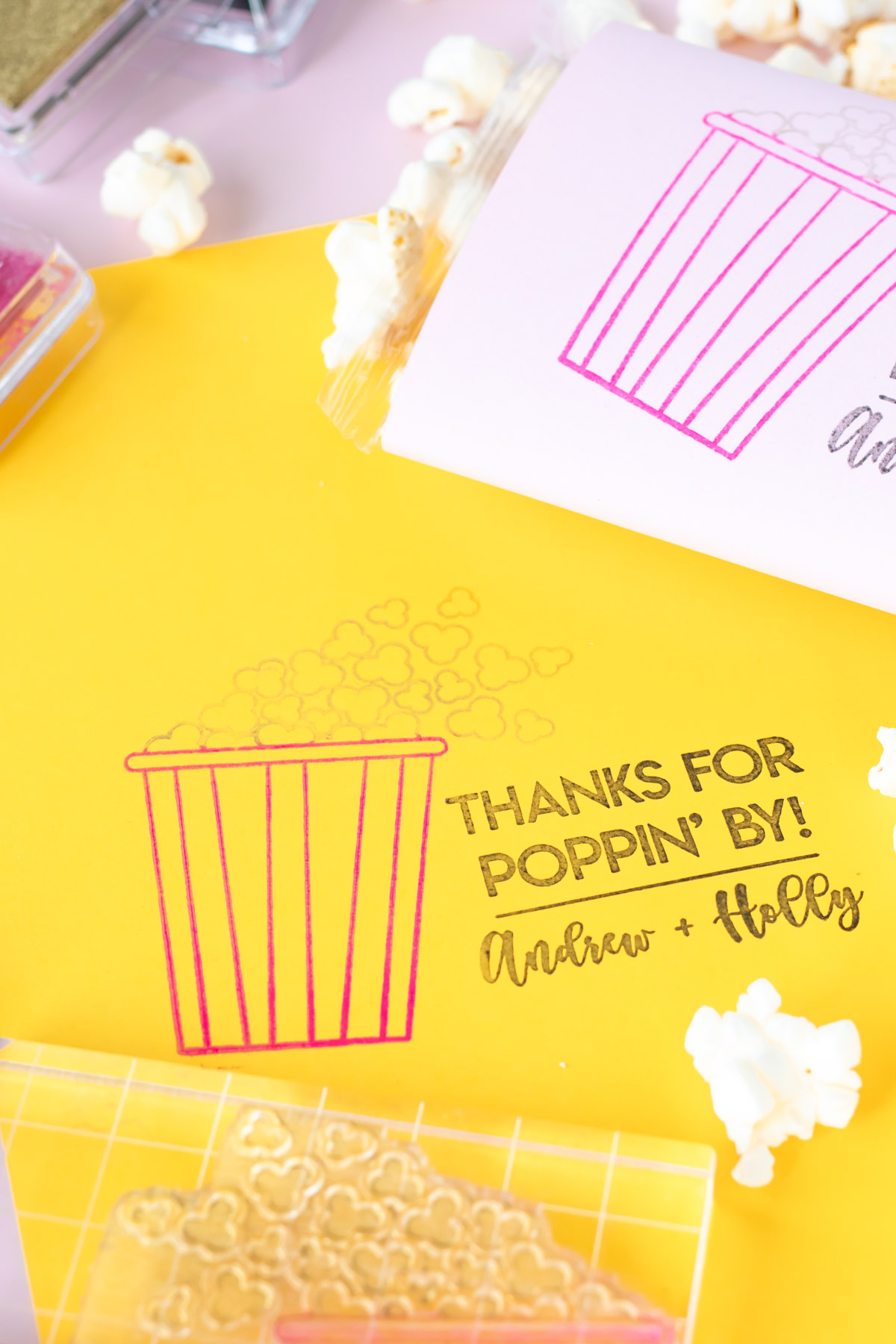 DIY Stamped Popcorn Favors for Weddings | Make your own DIY wedding favors with microwave popcorn! These cute "thanks for POPPING by" popcorn wedding favors use a custom stamp from RubberStamps.com to make a favor guests can easily enjoy at home! #ad #weddingdiy #weddingfavor #partyfavor #stamping #popcorn #papercrafts #diyparty #handmadewedding #colorfulwedding