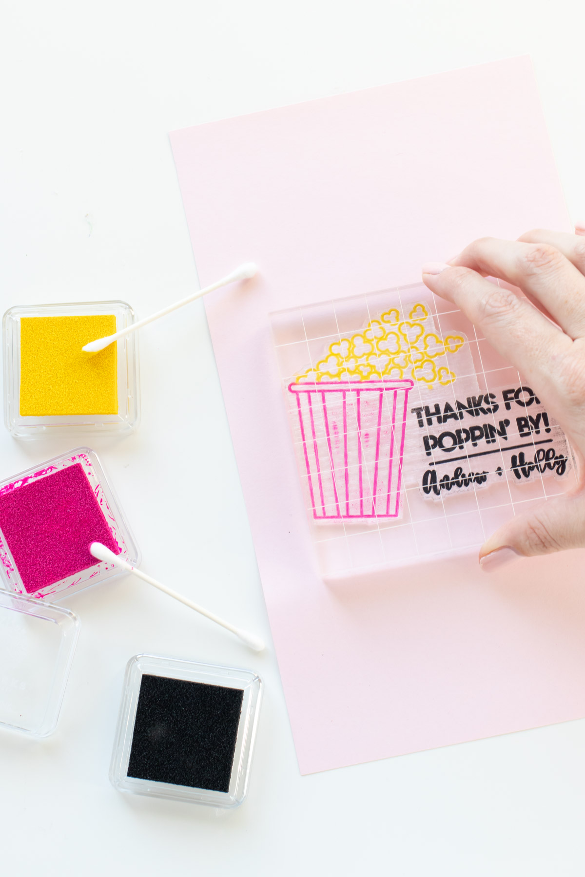 DIY Stamped Popcorn Favors for Weddings | Make your own DIY wedding favors with microwave popcorn! These cute "thanks for POPPING by" popcorn wedding favors use a custom stamp from RubberStamps.com to make a favor guests can easily enjoy at home! #ad #weddingdiy #weddingfavor #partyfavor #stamping #popcorn #papercrafts #diyparty #handmadewedding #colorfulwedding