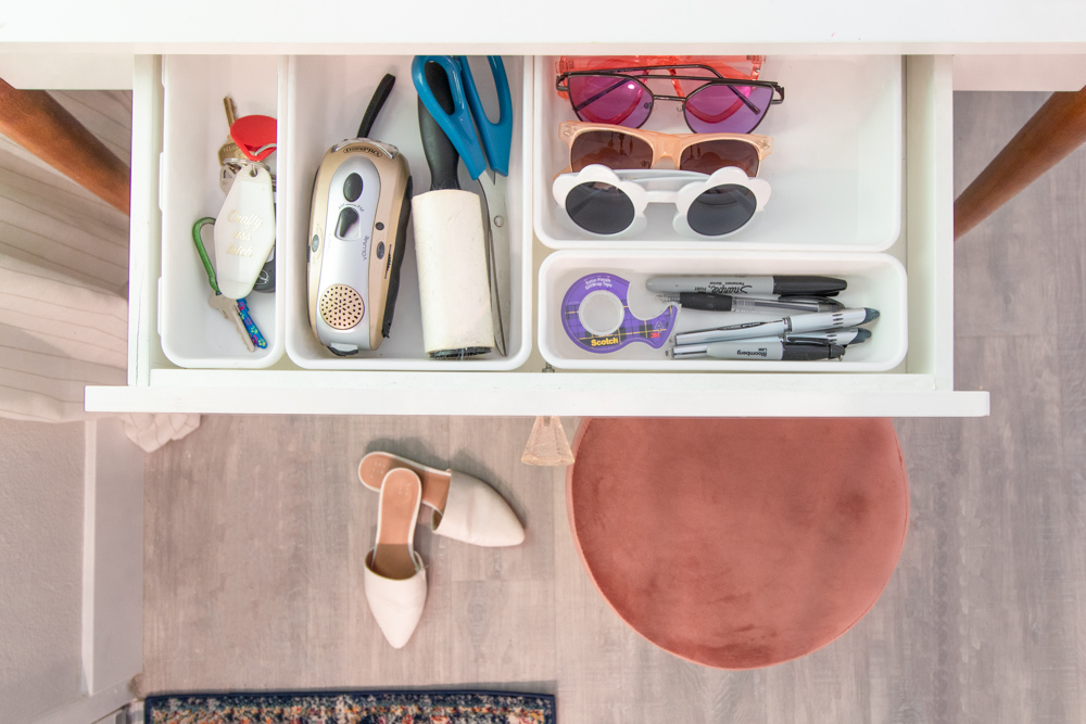 overhead view of drawer dividers in entryway table