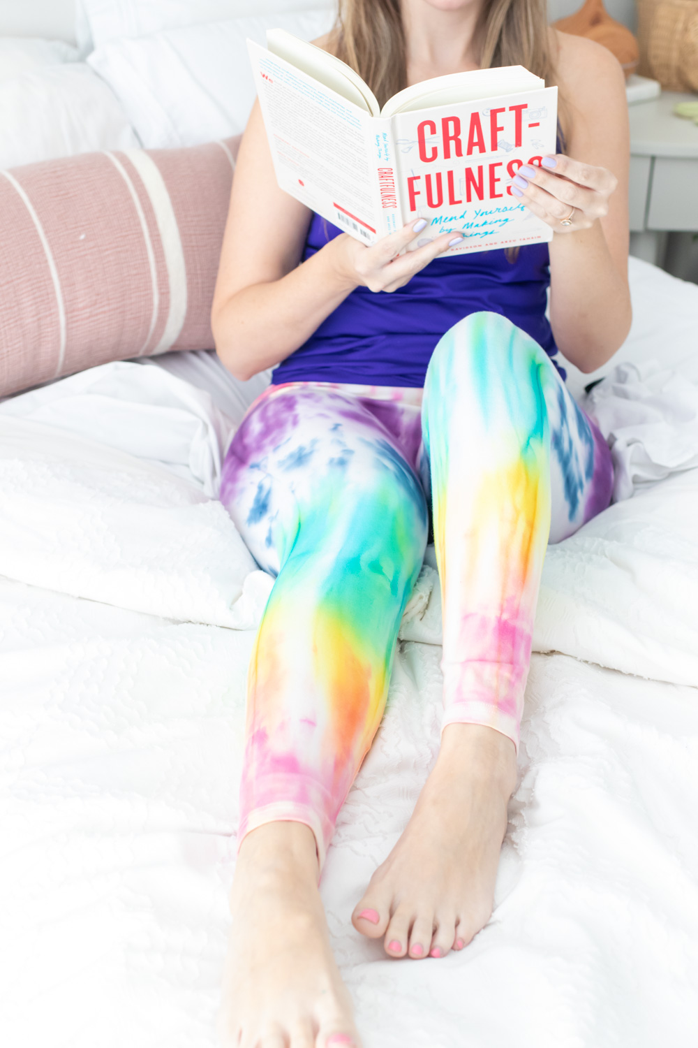 woman in bed wearing DIY rainbow loungewear