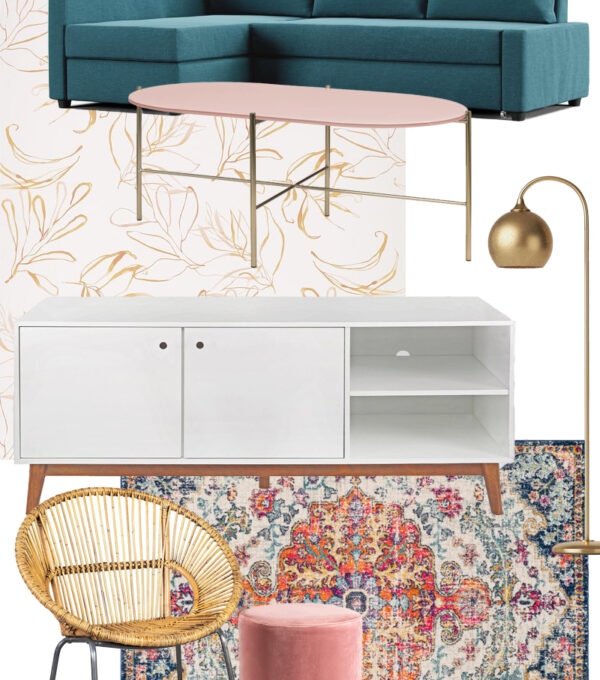 Collage of furniture and renter-friendly decor