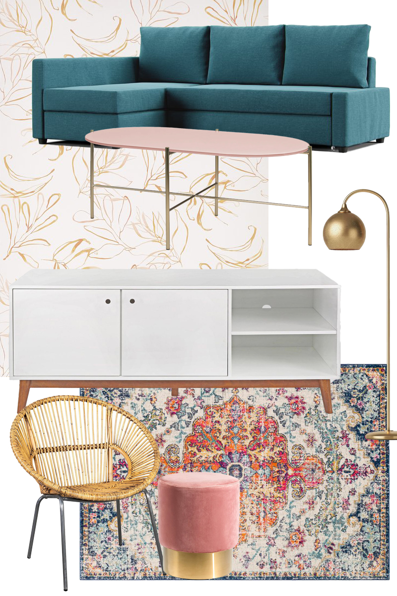 Collage of furniture and renter-friendly decor