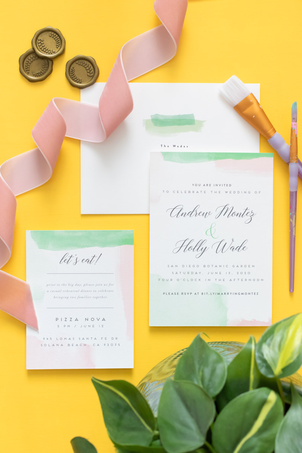 Minted watercolor wedding invitations on yellow background