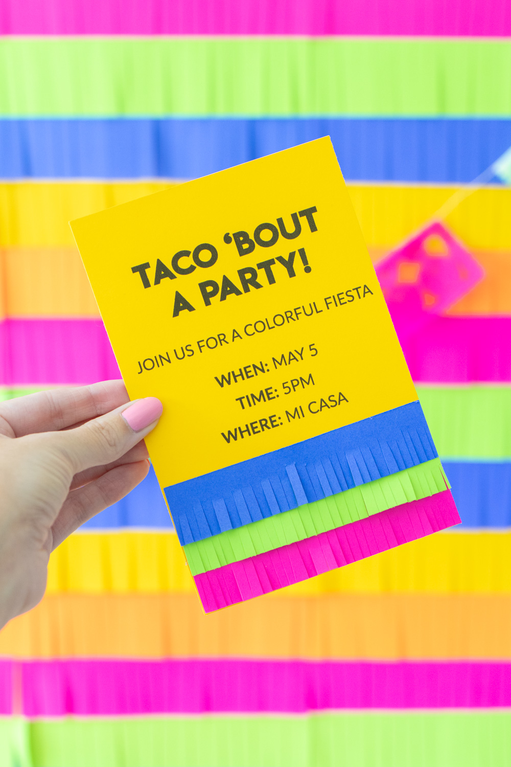 fringe invitations against fiesta party backdrop