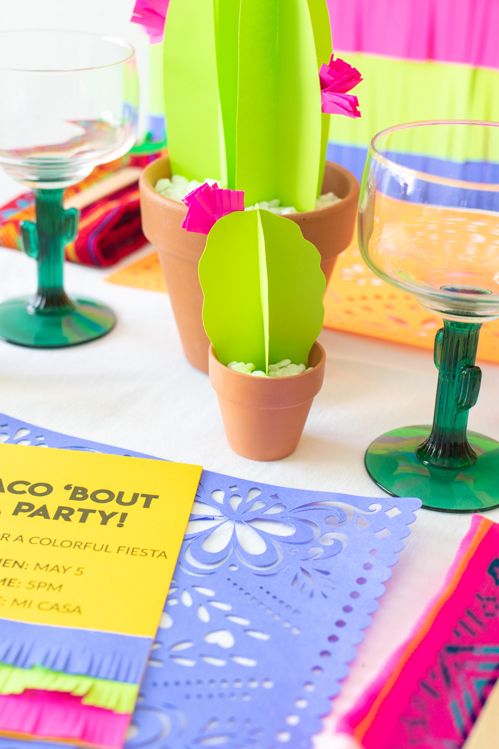 closeup of paper cactus for fiesta decor on table