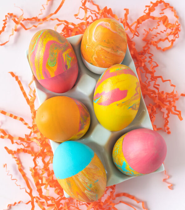 selection of fluid painted easter eggs with color blocking