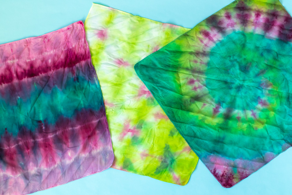 flatlay of three tie dye techniques