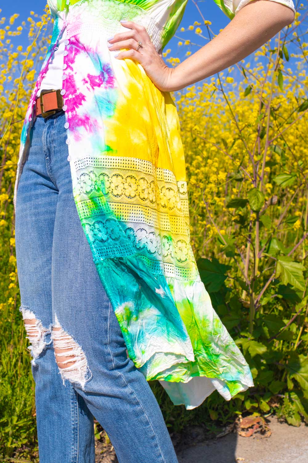 closeup of tie dye pattern on colorful kimono diy