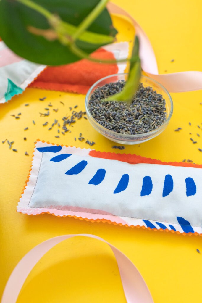bowl of lavender with finished lavender eye mask