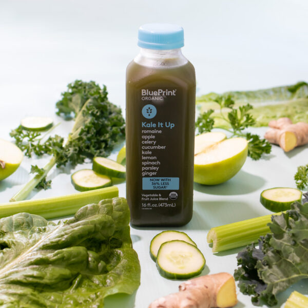 food photography of BluePrint juice with green produce