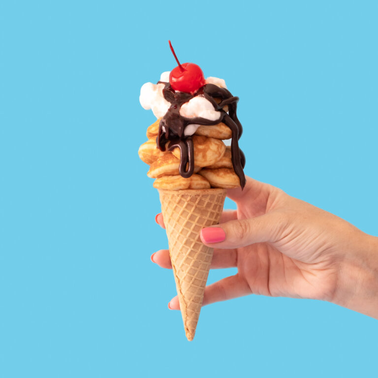 food photography of mini pancakes in ice cream cone