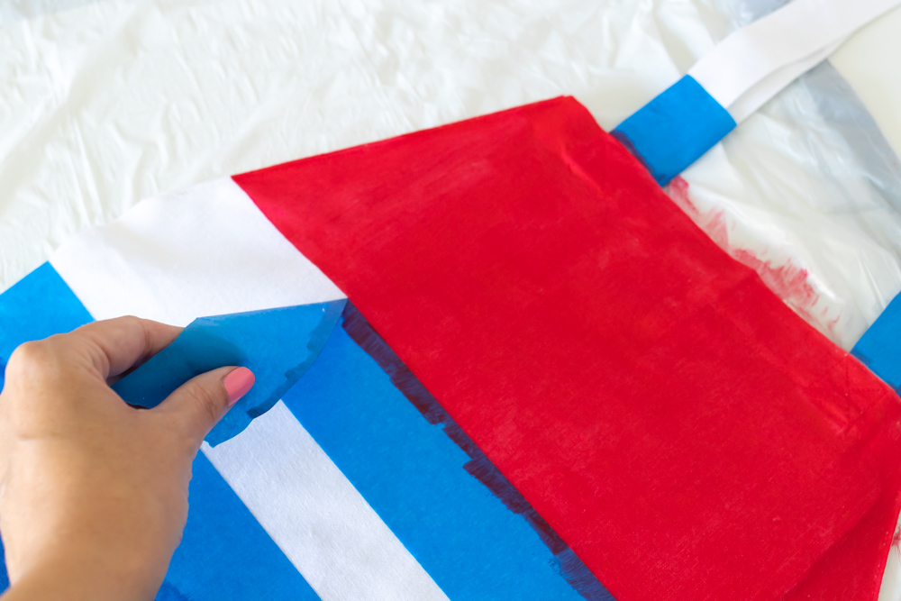 removing tape stripes on 4th of July tote