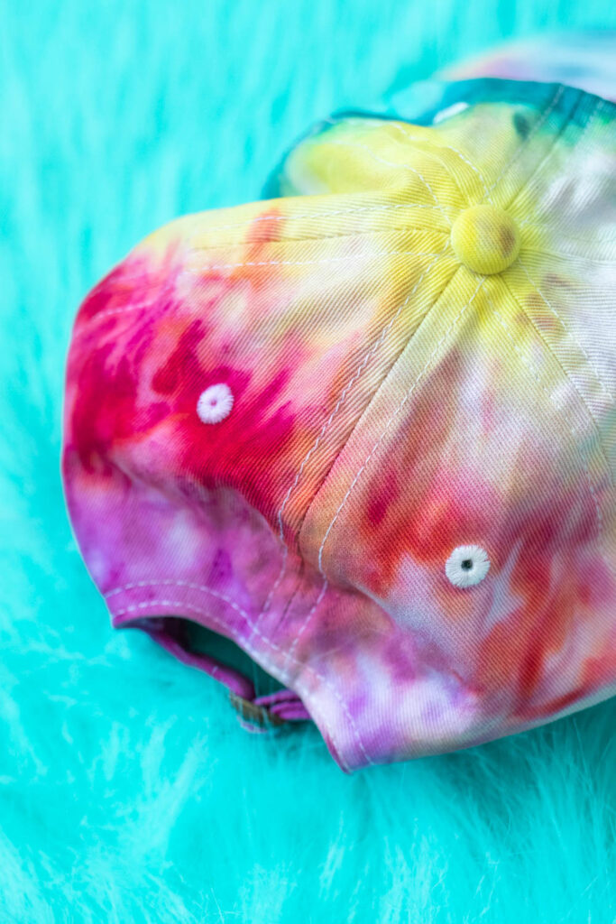closeup of back of tie dye hat