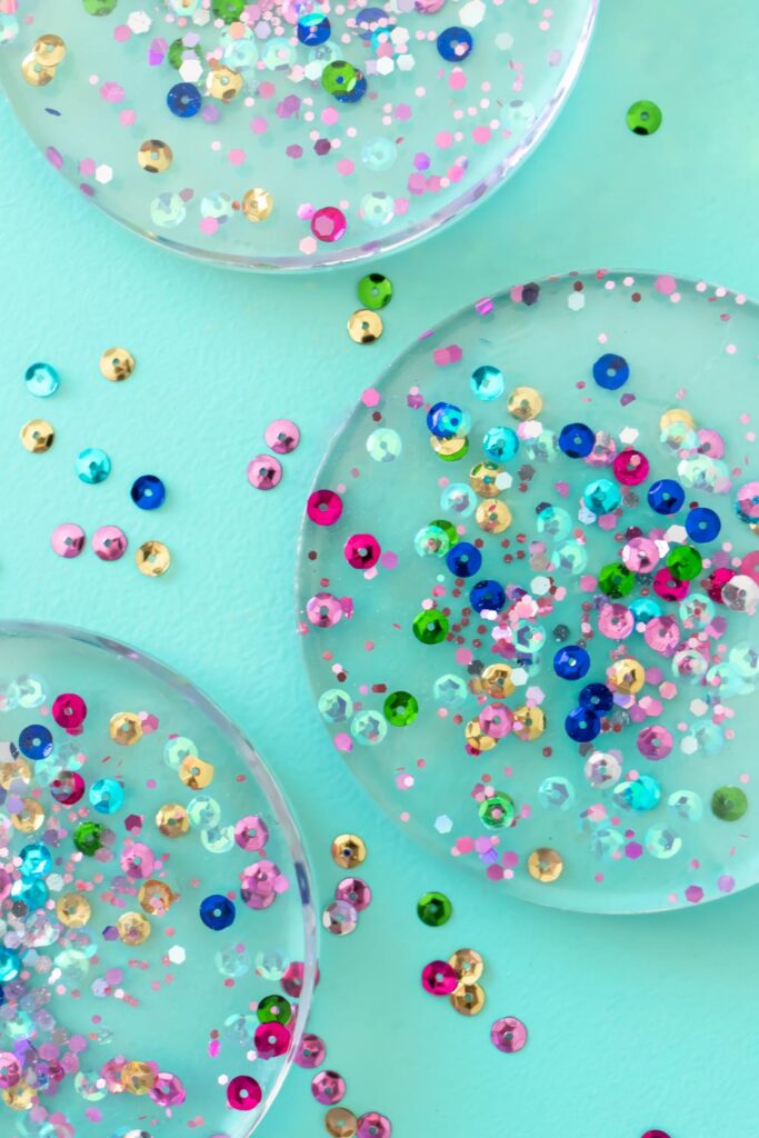 closeup of sequin confetti in resin coasters