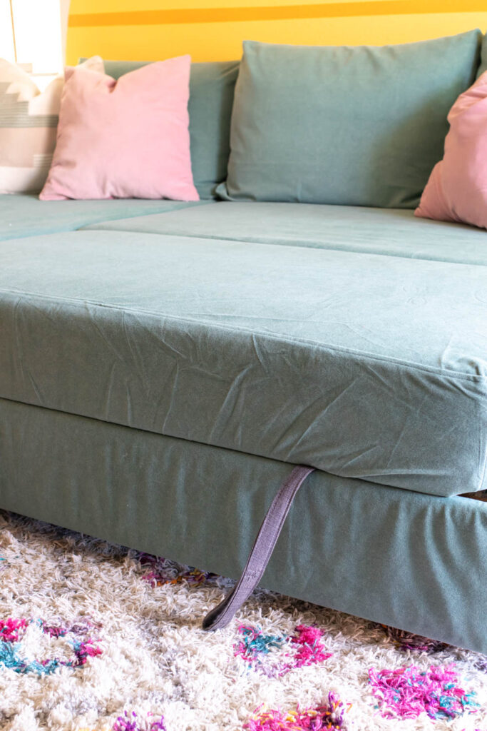 pull-out IKEA Friheten bed with custom slipcover
