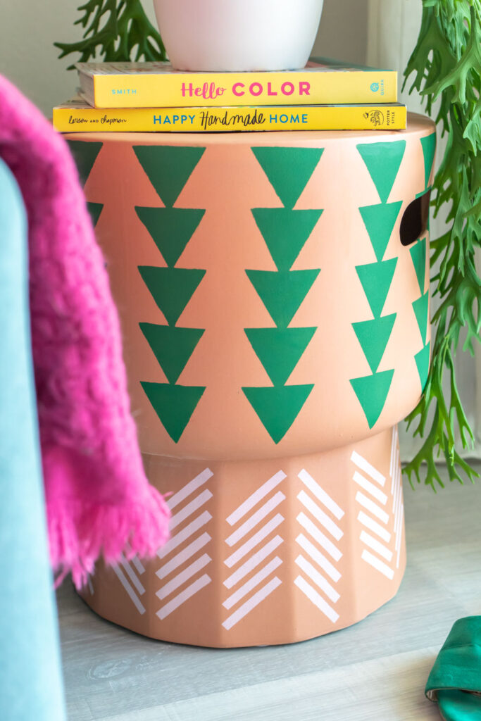 side view of stenciled stool with triangle pattern