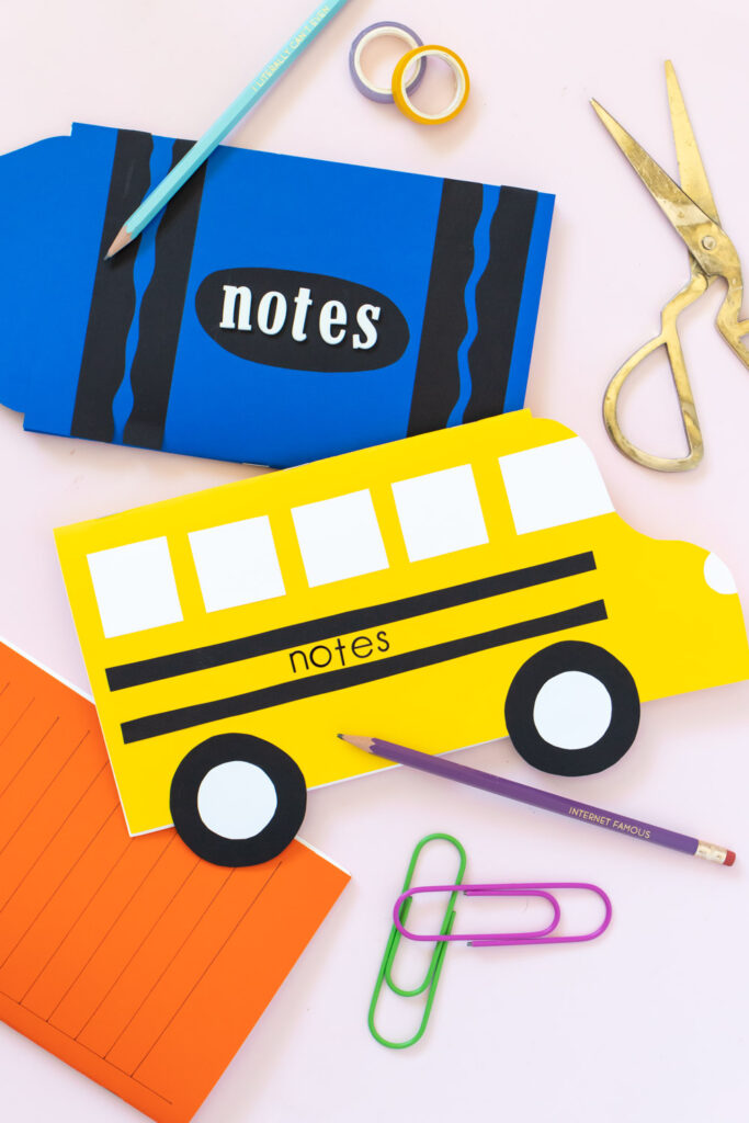 school bus notebook with stickers and crayon notebook