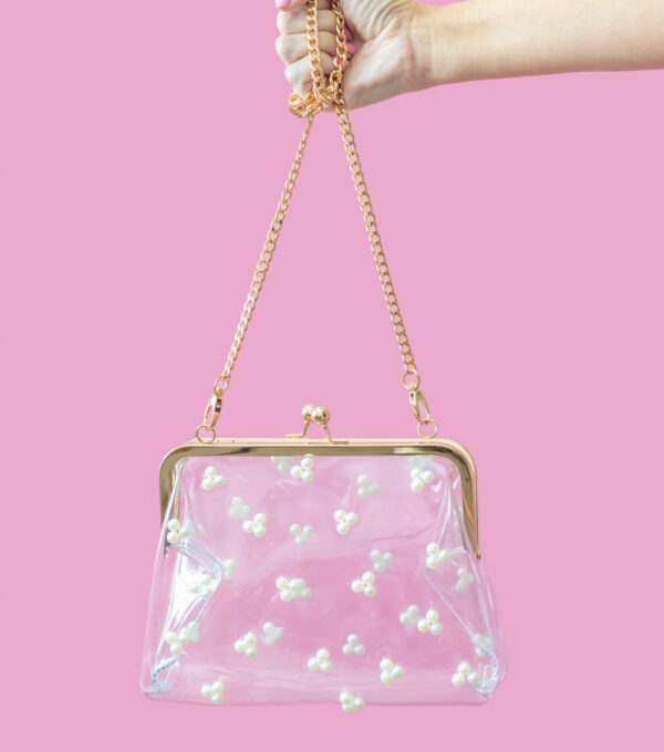 hand holding a clear pearl purse