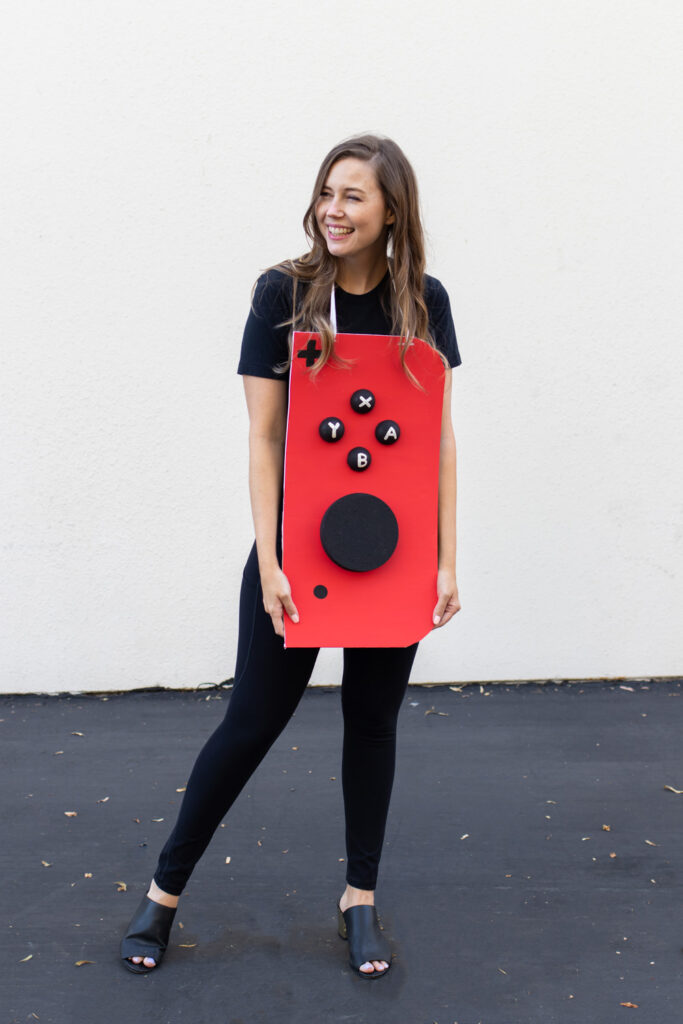 woman wearing half of video game couples costume
