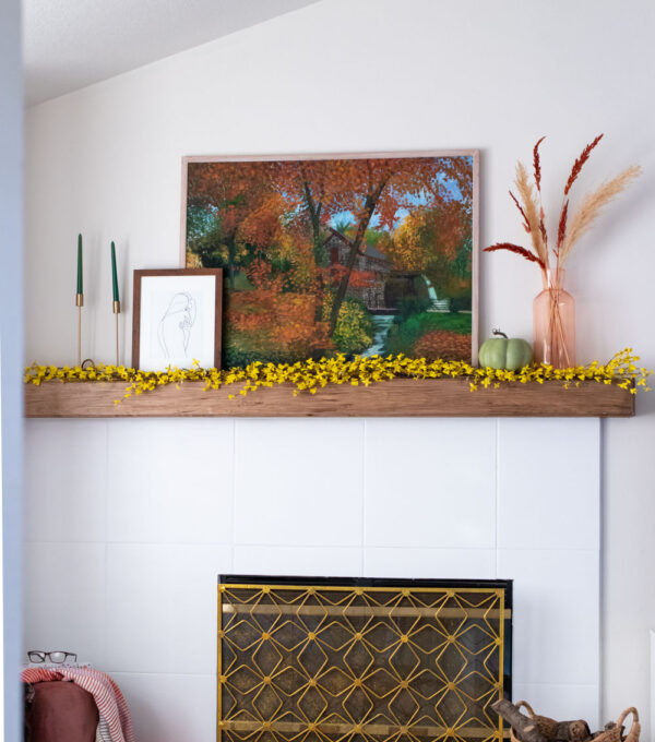 final reveal and result of how to paint a tile fireplace