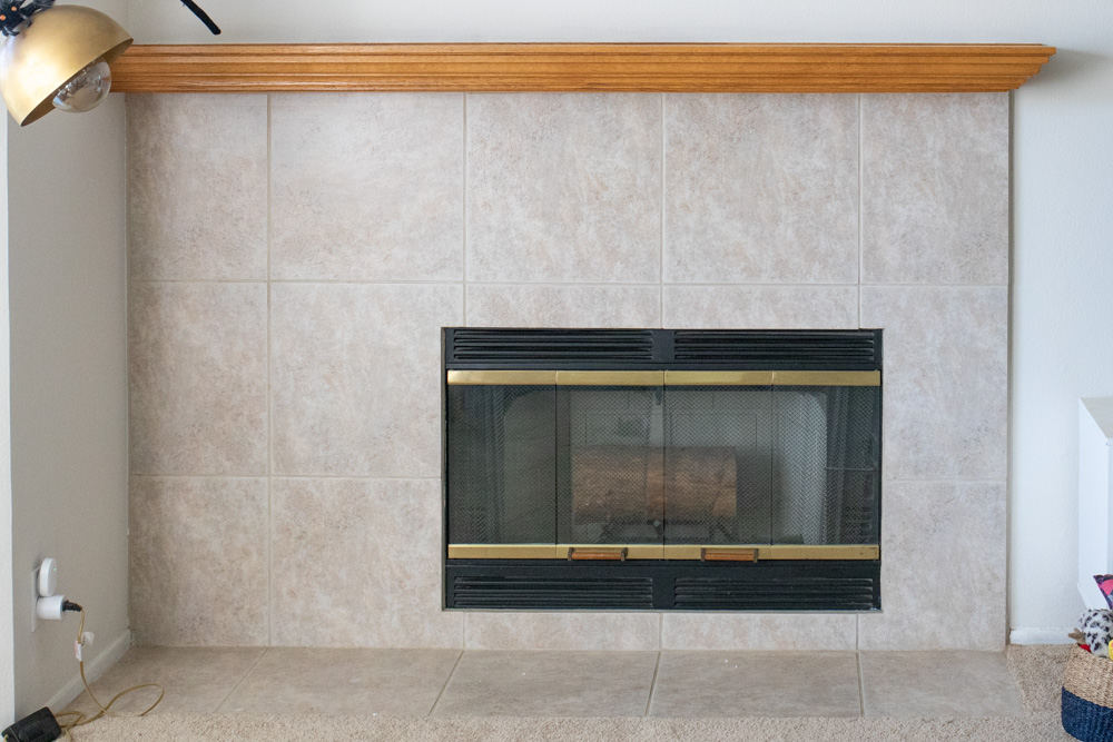 before view of how to paint a tile fireplace