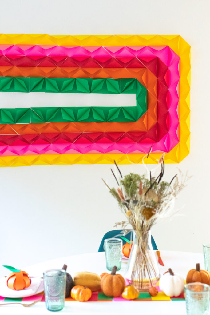 diy thanksgiving tablescape with 3d paper mural and other diy party decor