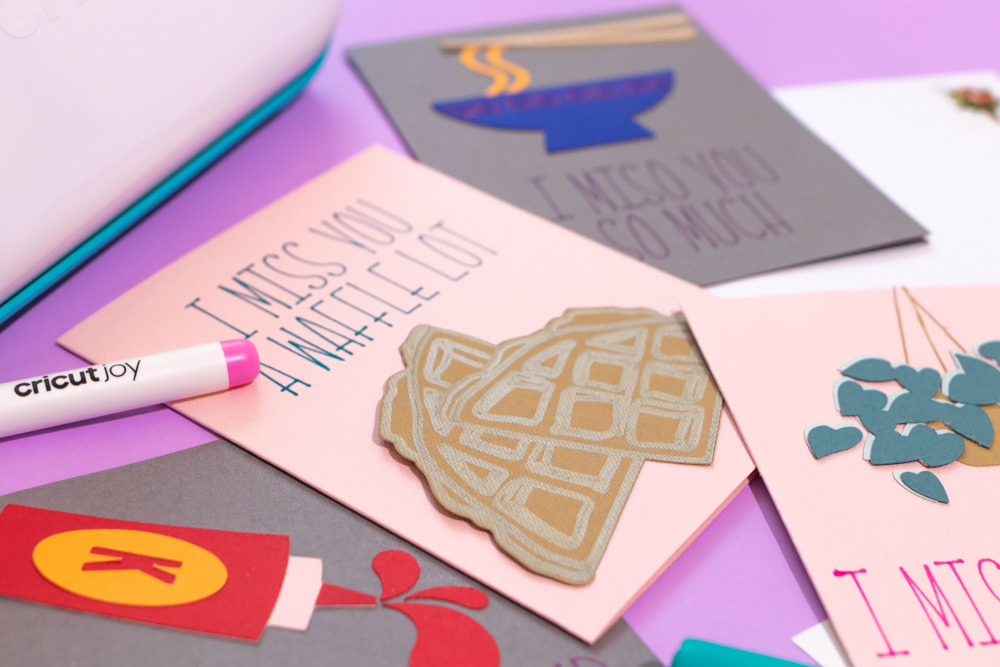 closeup of detail on waffle-themed "I miss you" card