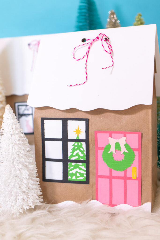 decorated house paper gift bag with door and window