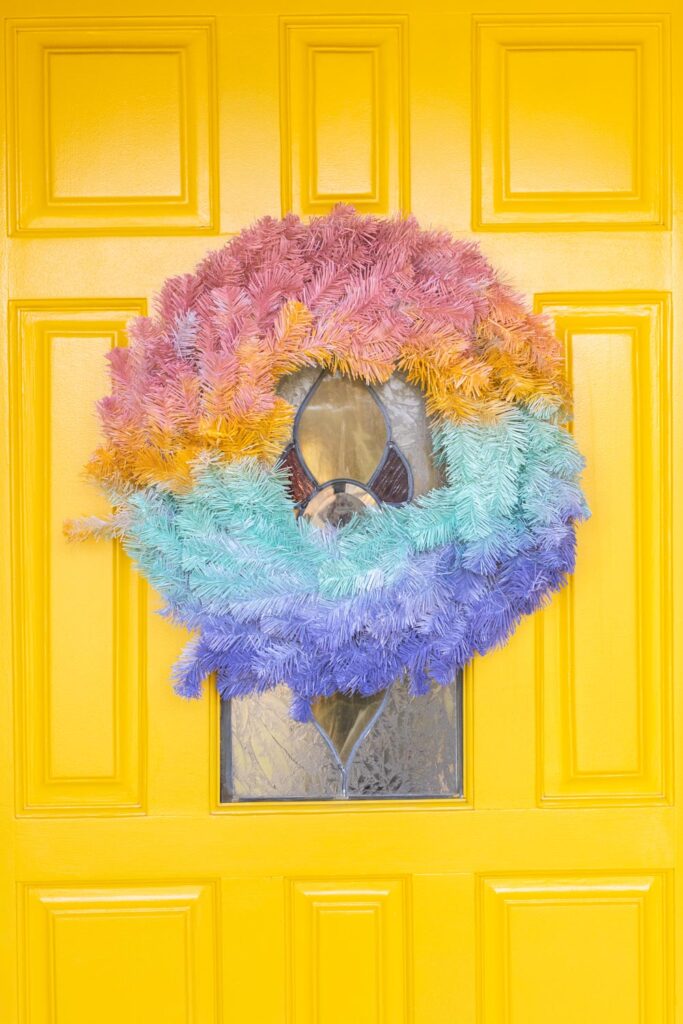 gradient wreath against 80s front door makeover