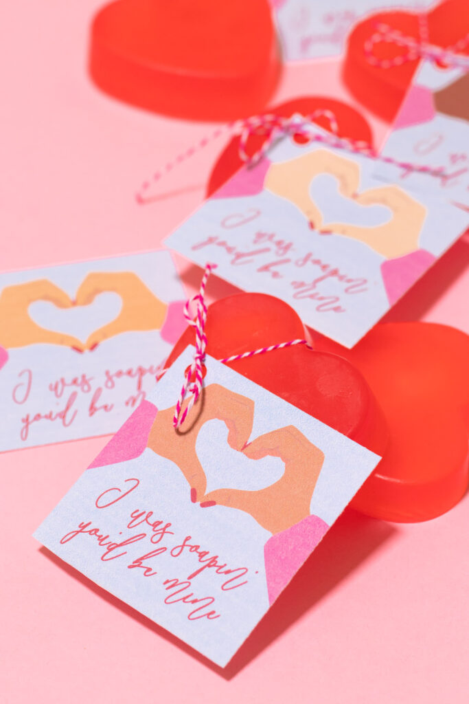 closeup of printable soap valentines for covid