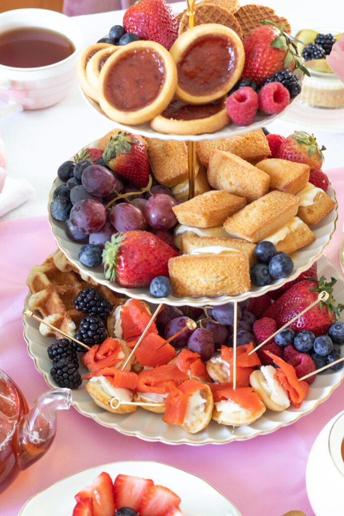 tiered display of three easy tea party treats and cookies
