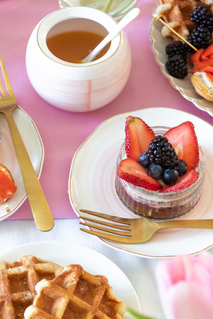 cheesecakes surrounded by spring tea party decor