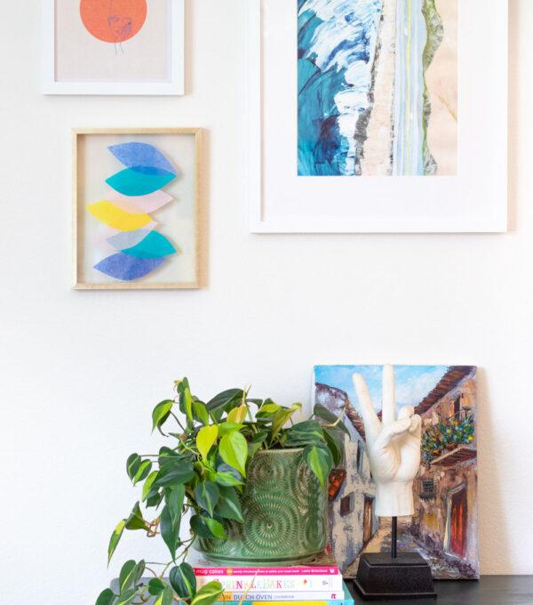 gallery wall with tissue paper wall art